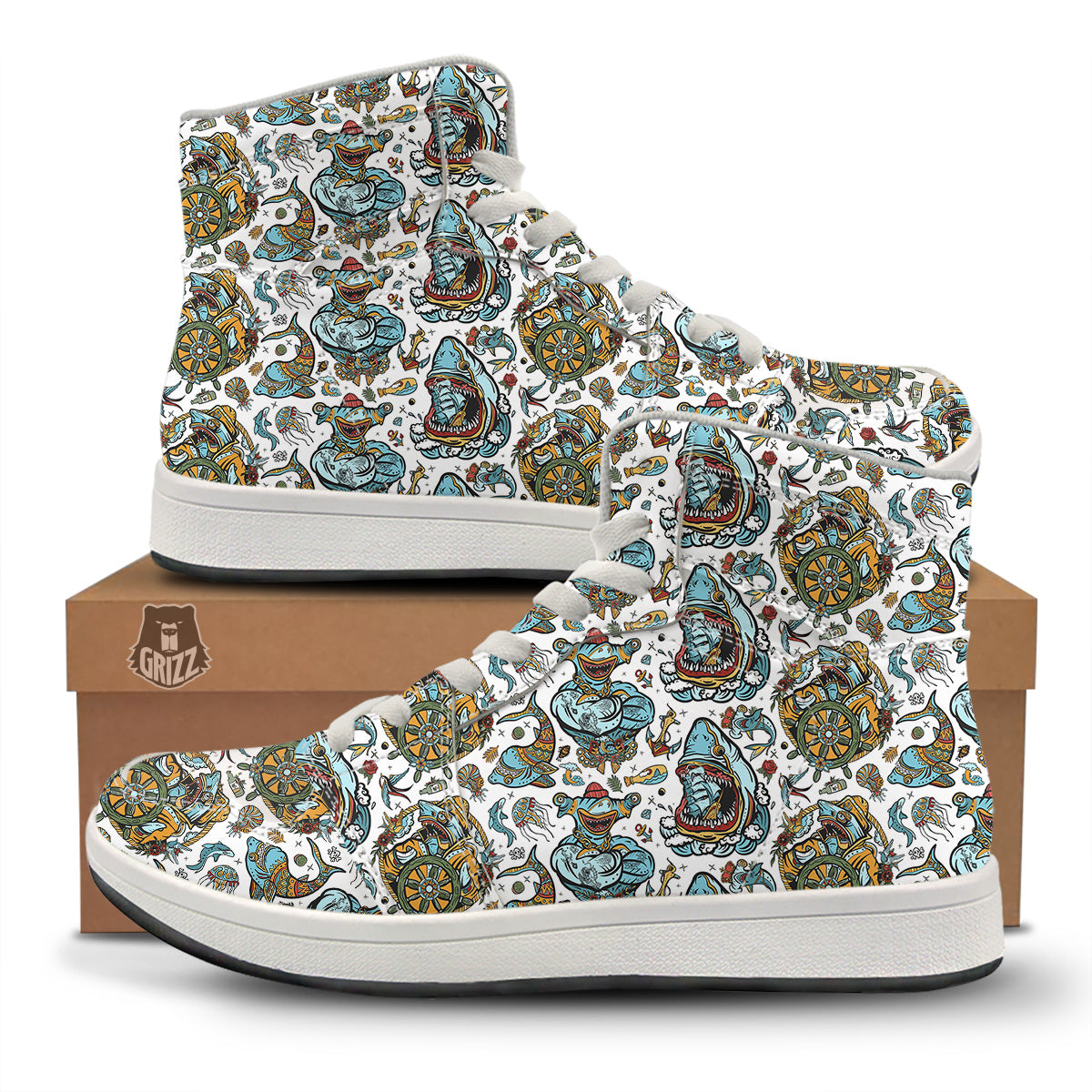 Sharks Underwater Tattoo Print Pattern High Top Sneakers-grizzshop
