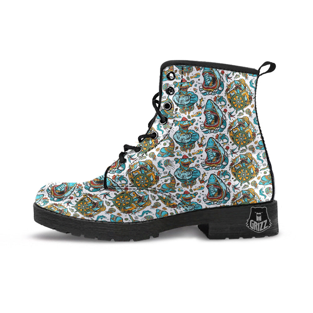 Sharks Underwater Tattoo Print Pattern Leather Boots-grizzshop