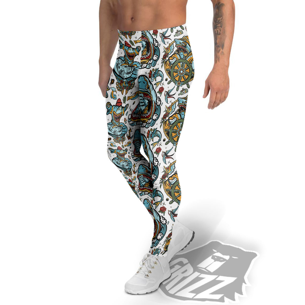 Sharks Underwater Tattoo Print Pattern Men's Leggings-grizzshop