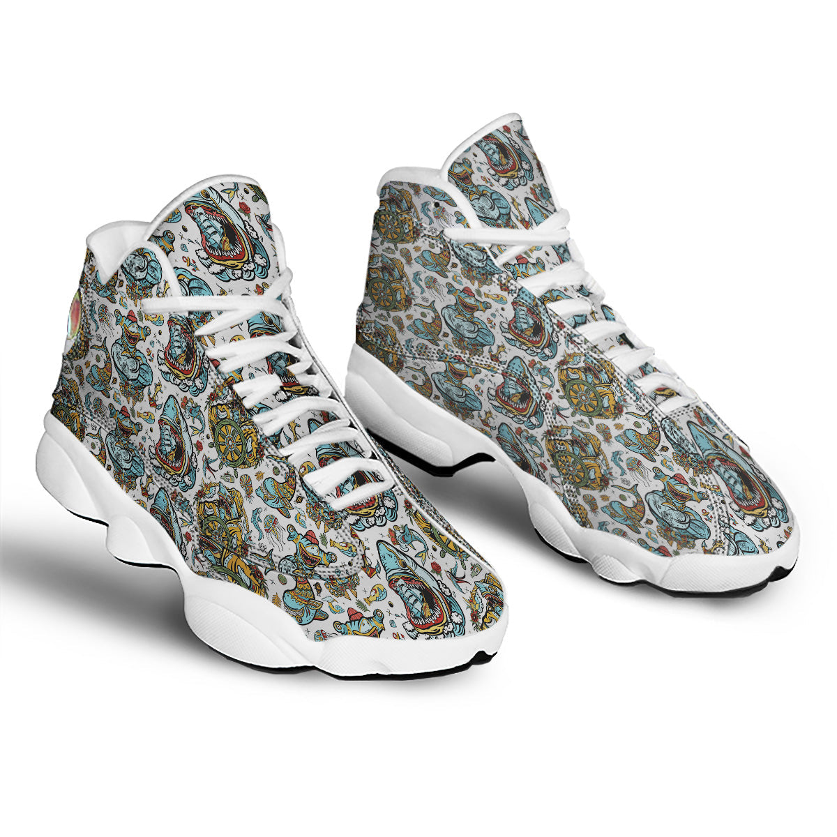 Sharks Underwater Tattoo Print Pattern White Basketball Shoes-grizzshop