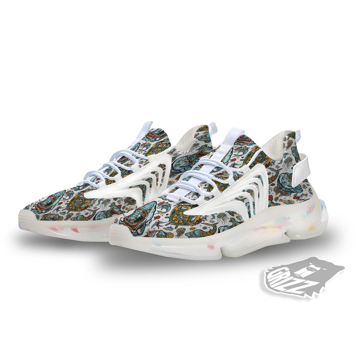 Sharks Underwater Tattoo Print Pattern White Gym Shoes-grizzshop