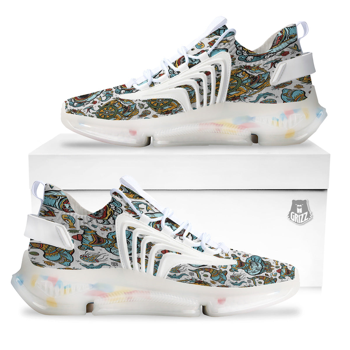 Sharks Underwater Tattoo Print Pattern White Gym Shoes-grizzshop