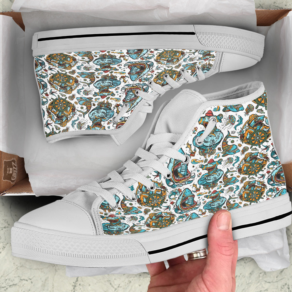 Sharks Underwater Tattoo Print Pattern White High Top Shoes-grizzshop
