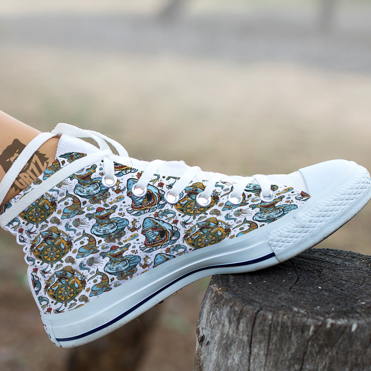 Sharks Underwater Tattoo Print Pattern White High Top Shoes-grizzshop
