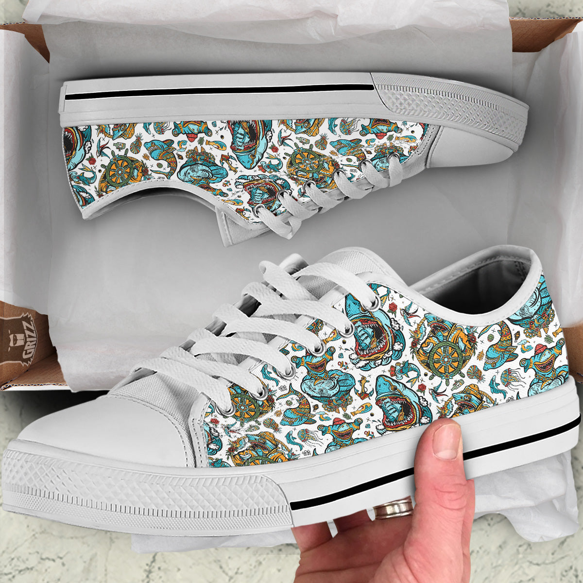 Sharks Underwater Tattoo Print Pattern White Low Top Shoes-grizzshop