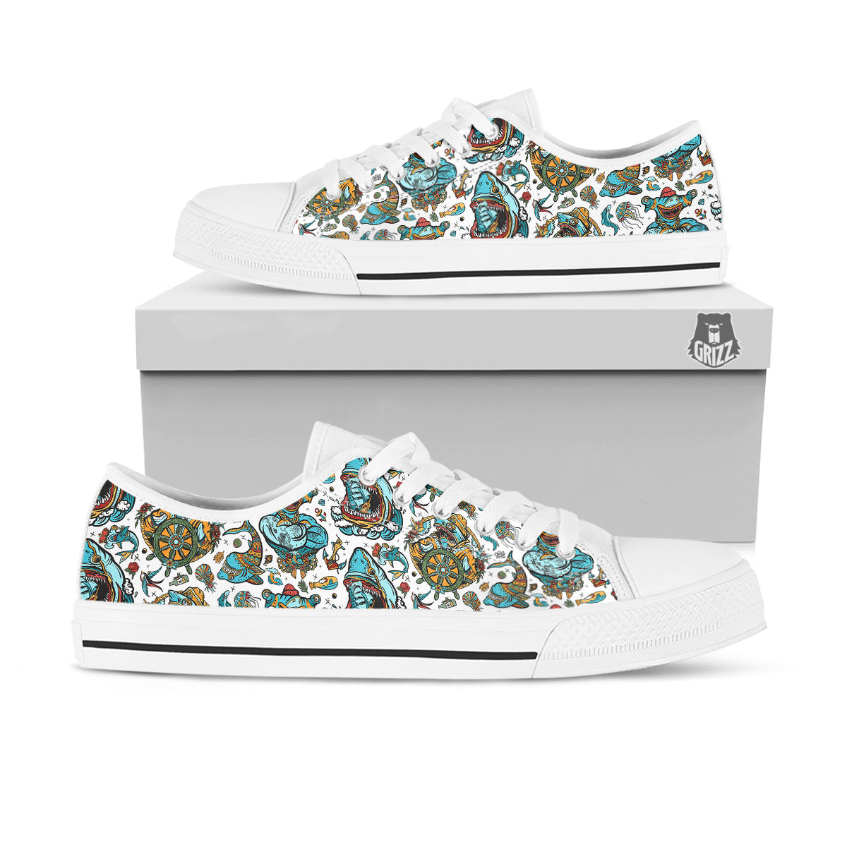 Sharks Underwater Tattoo Print Pattern White Low Top Shoes-grizzshop