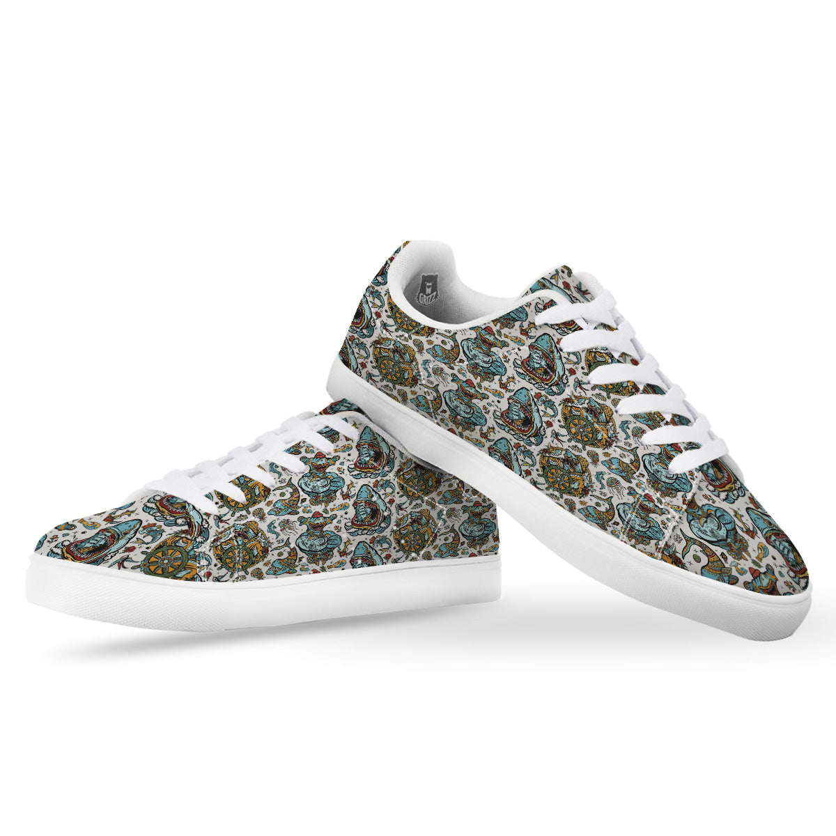 Sharks Underwater Tattoo Print Pattern White Low Top Sneakers-grizzshop