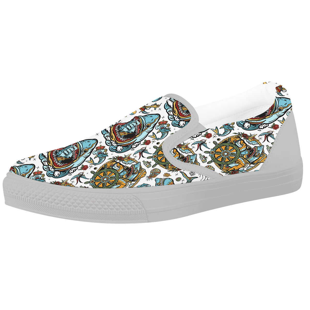 Sharks Underwater Tattoo Print Pattern White Slip On Shoes-grizzshop