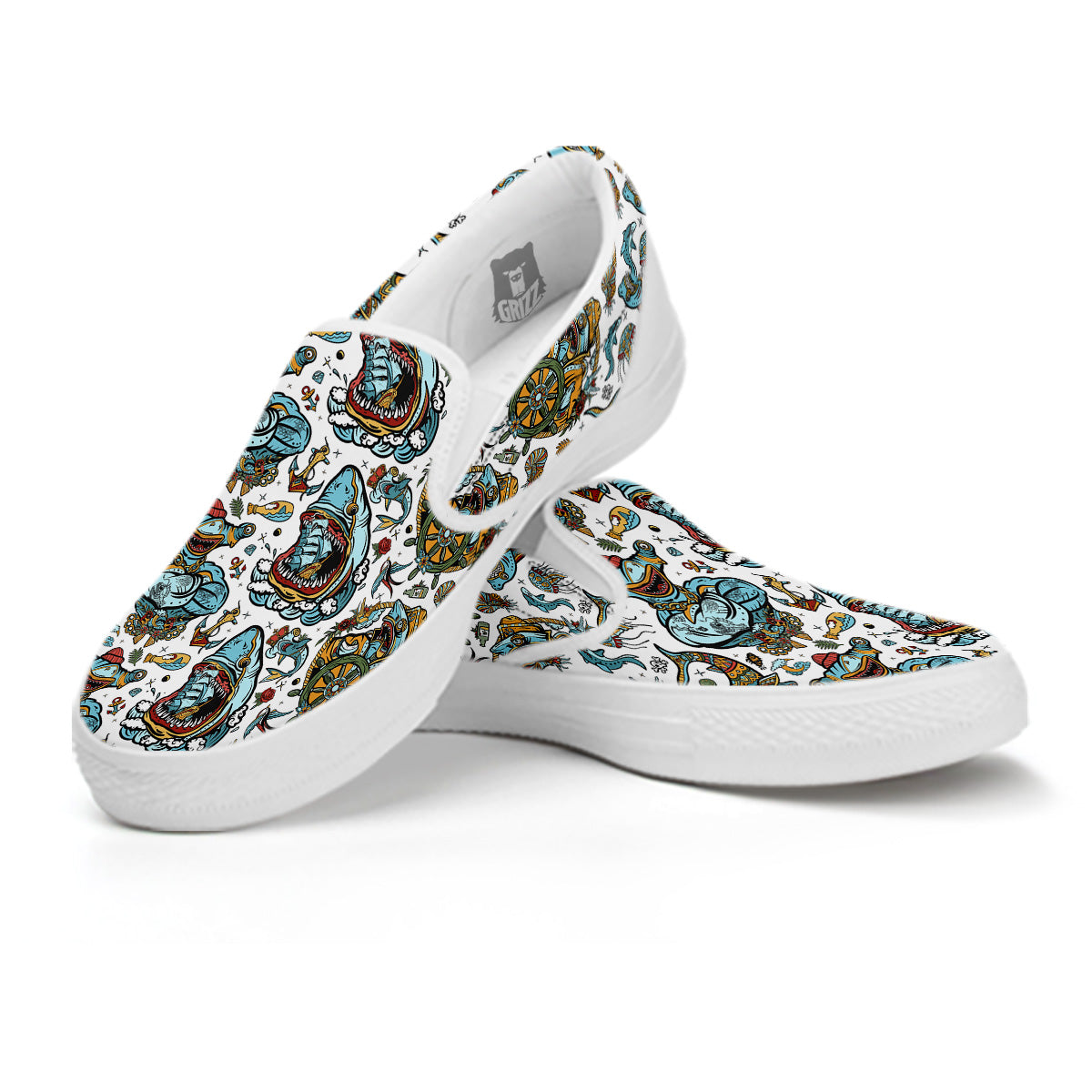 Sharks Underwater Tattoo Print Pattern White Slip On Shoes-grizzshop