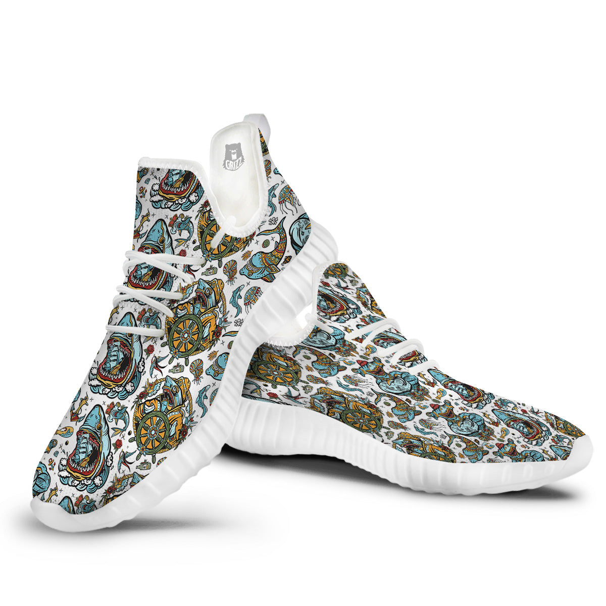 Sharks Underwater Tattoo Print Pattern White Walking Shoes-grizzshop