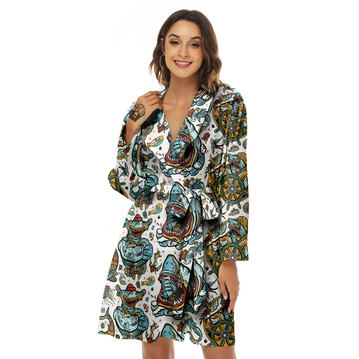 Sharks Underwater Tattoo Print Pattern Women's Robe-grizzshop