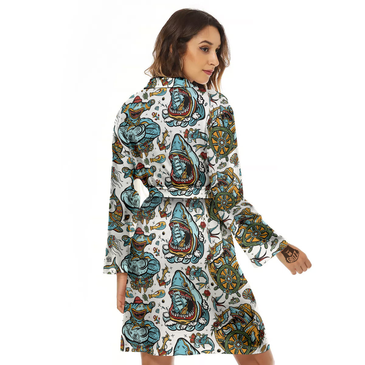 Sharks Underwater Tattoo Print Pattern Women's Robe-grizzshop