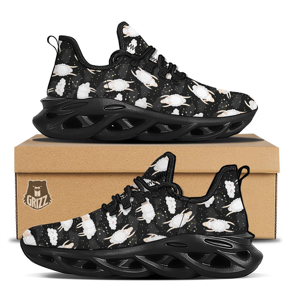 Sheep And Star Print Pattern Black Running Shoes-grizzshop