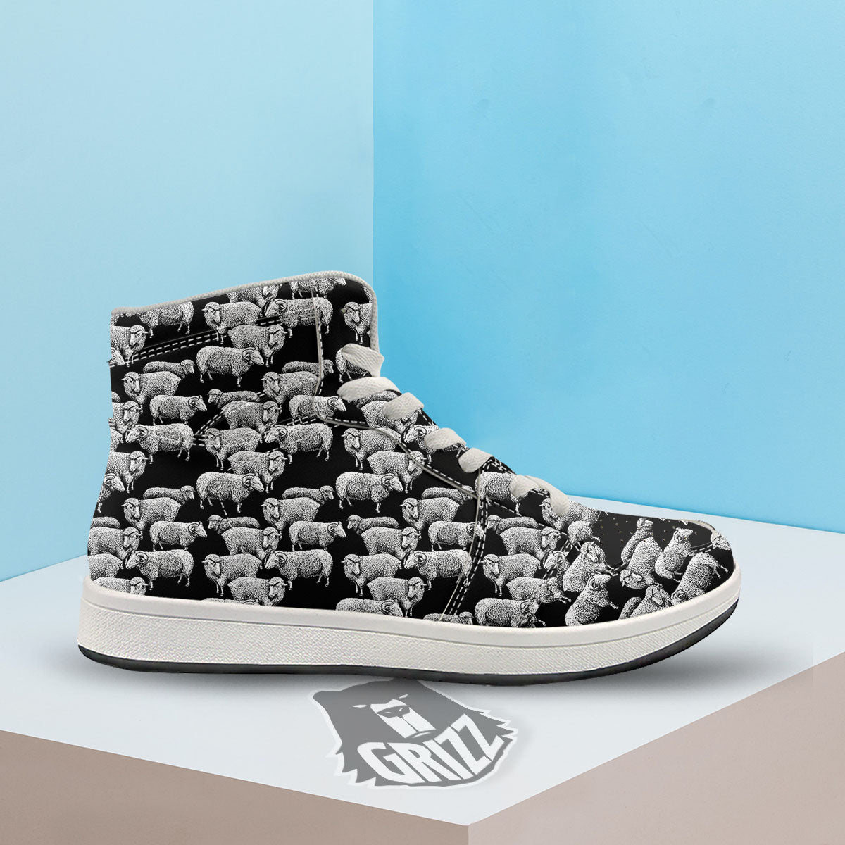 Sheep Doodle Print Pattern High Top Sneakers-grizzshop