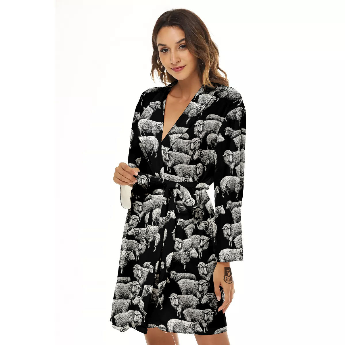 Sheep Doodle Print Pattern Women's Robe-grizzshop