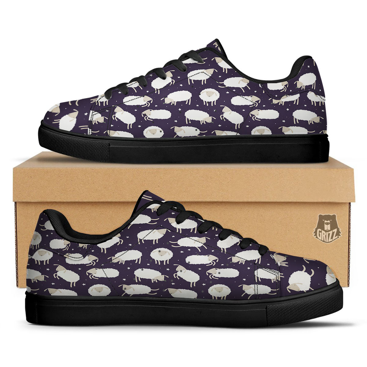 Sheep Print Pattern Black Low Top Sneakers-grizzshop
