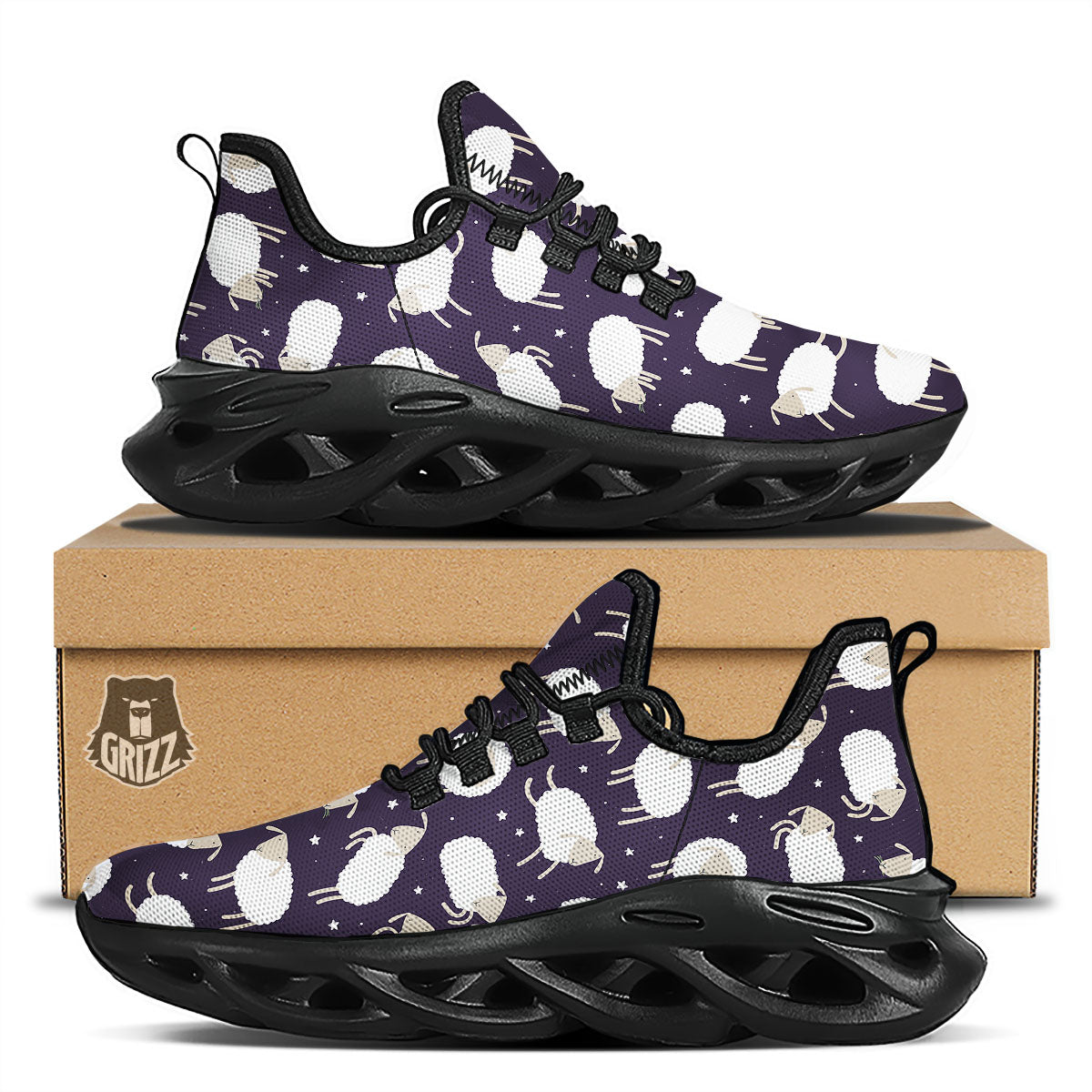 Sheep Print Pattern Black Running Shoes-grizzshop