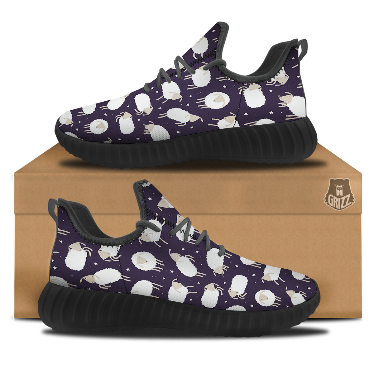 Sheep Print Pattern Black Walking Shoes-grizzshop