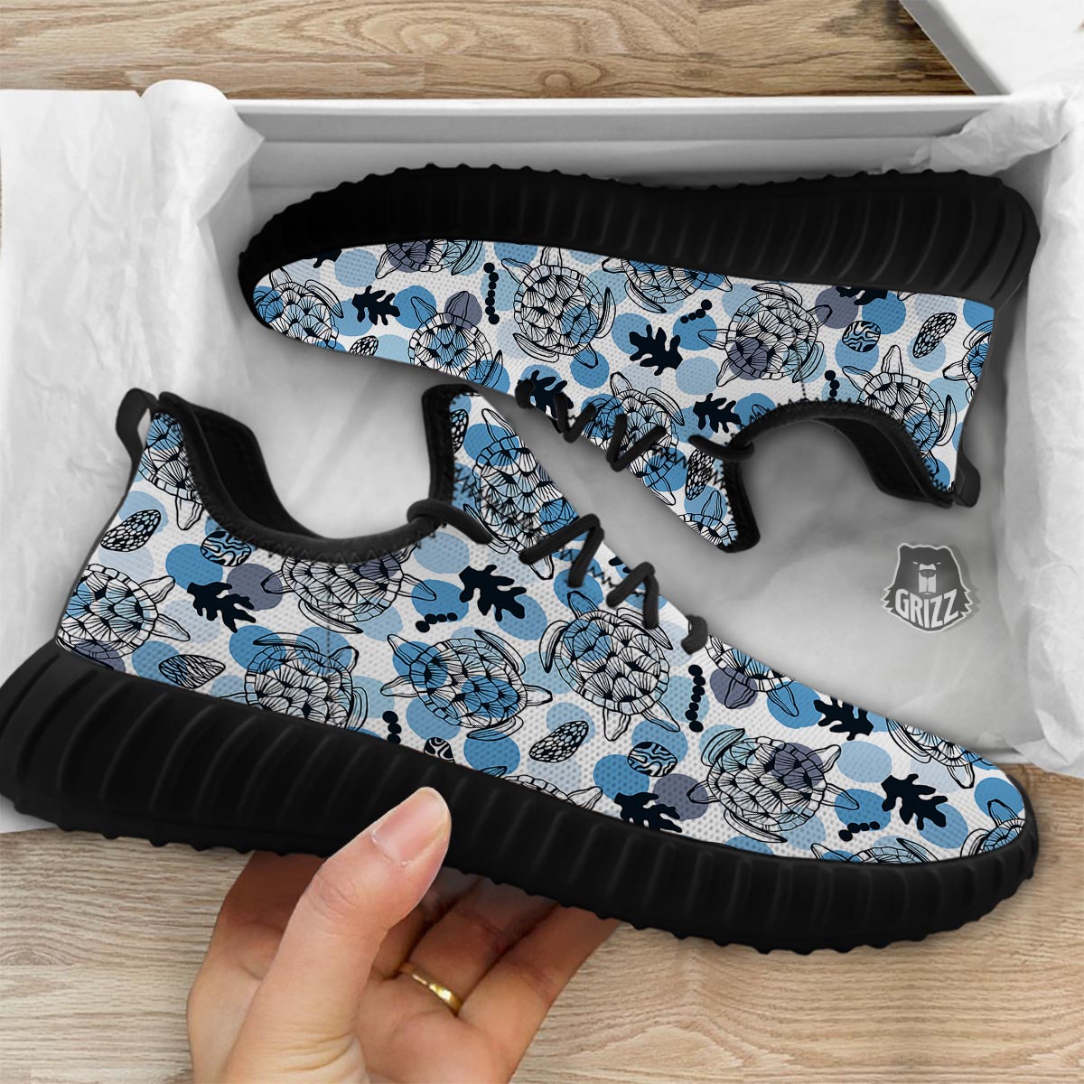 Shell Sea Turtle Print Pattern Black Walking Shoes-grizzshop