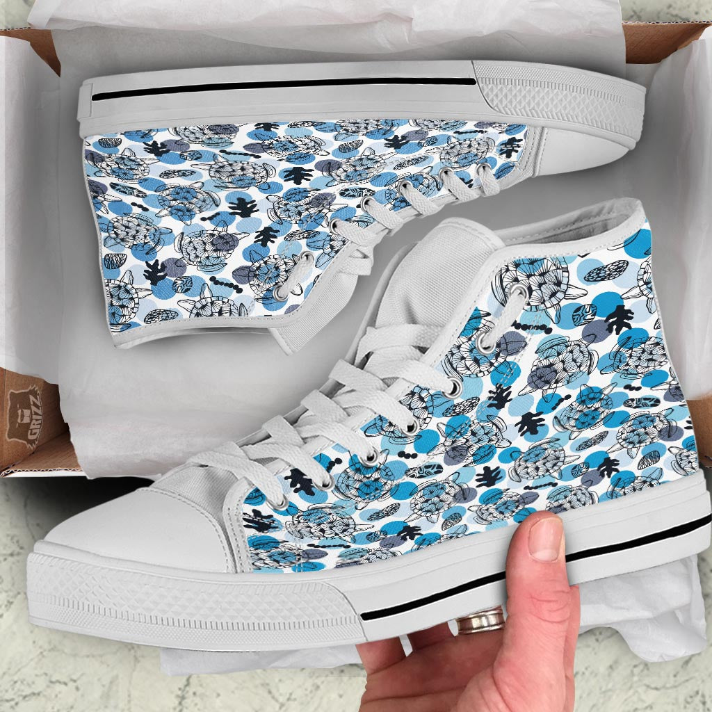 Shell Sea Turtle Print Pattern White High Top Shoes-grizzshop