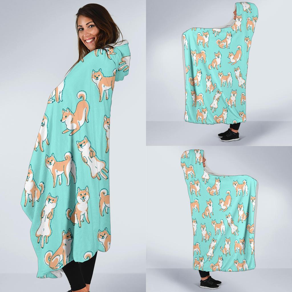 Shiba Inu Dog Pattern Print Hooded Blanket-grizzshop