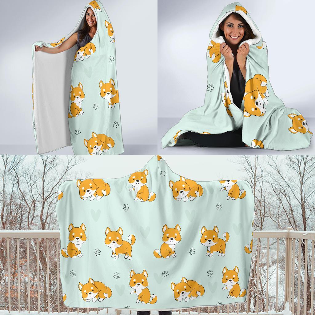 Shiba Inu Dog Pupppy Pattern Print Hooded Blanket-grizzshop