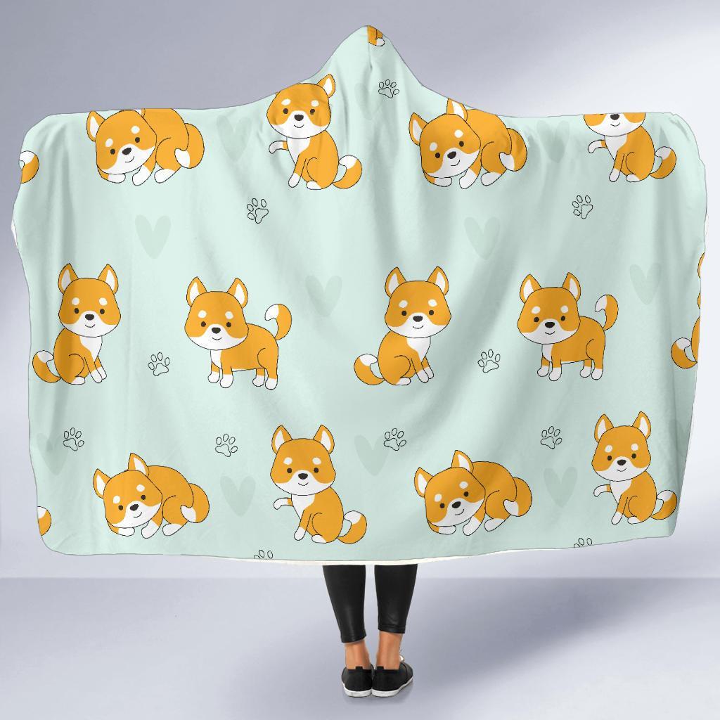 Shiba Inu Dog Pupppy Pattern Print Hooded Blanket-grizzshop