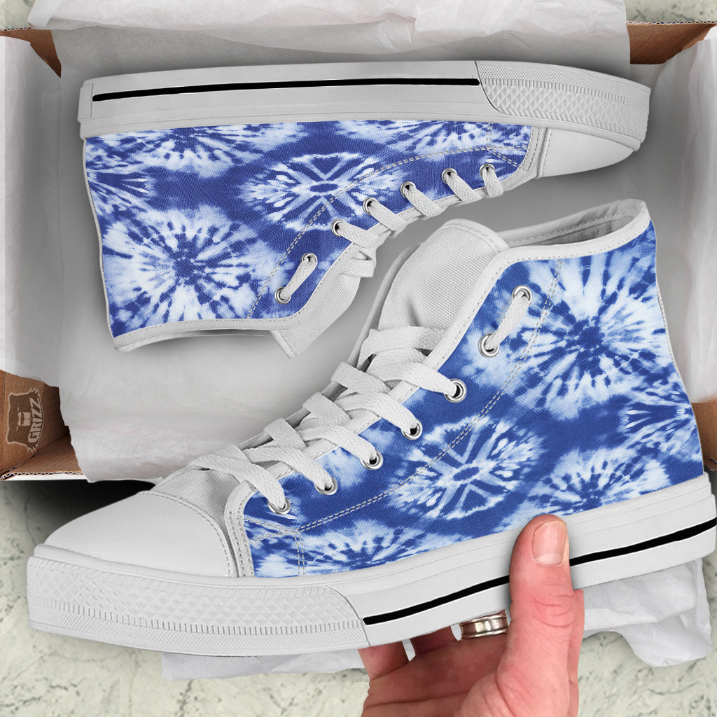 Shibori Blue Print White High Top Shoes-grizzshop