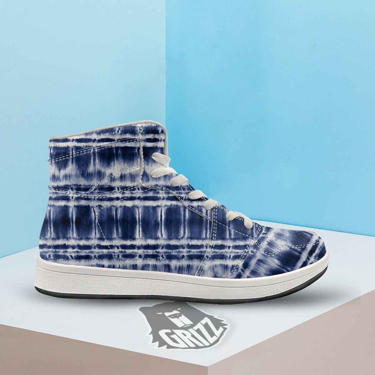 Shibori Indigo Dye Print High Top Sneakers-grizzshop