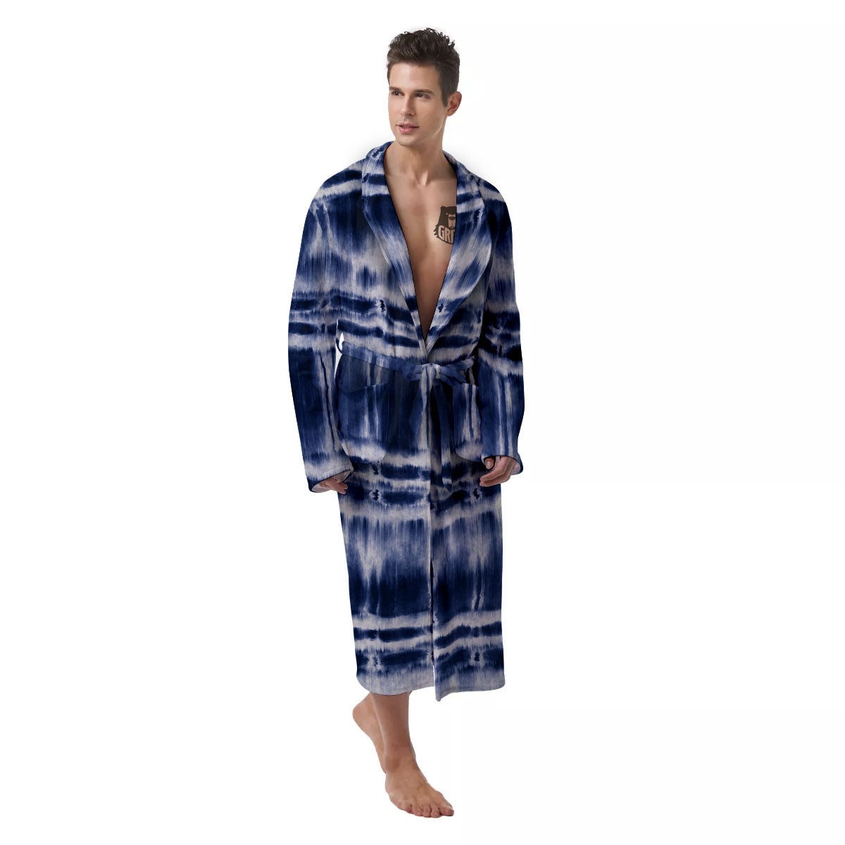 Shibori Indigo Dye Print Men's Robe-grizzshop