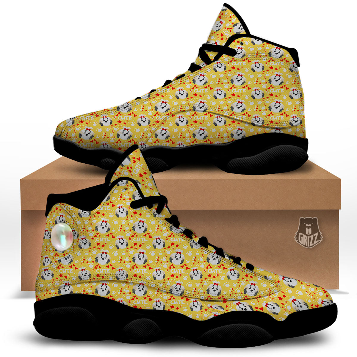 Shih Tzu Cartoon Print Pattern Black Basketball Shoes-grizzshop