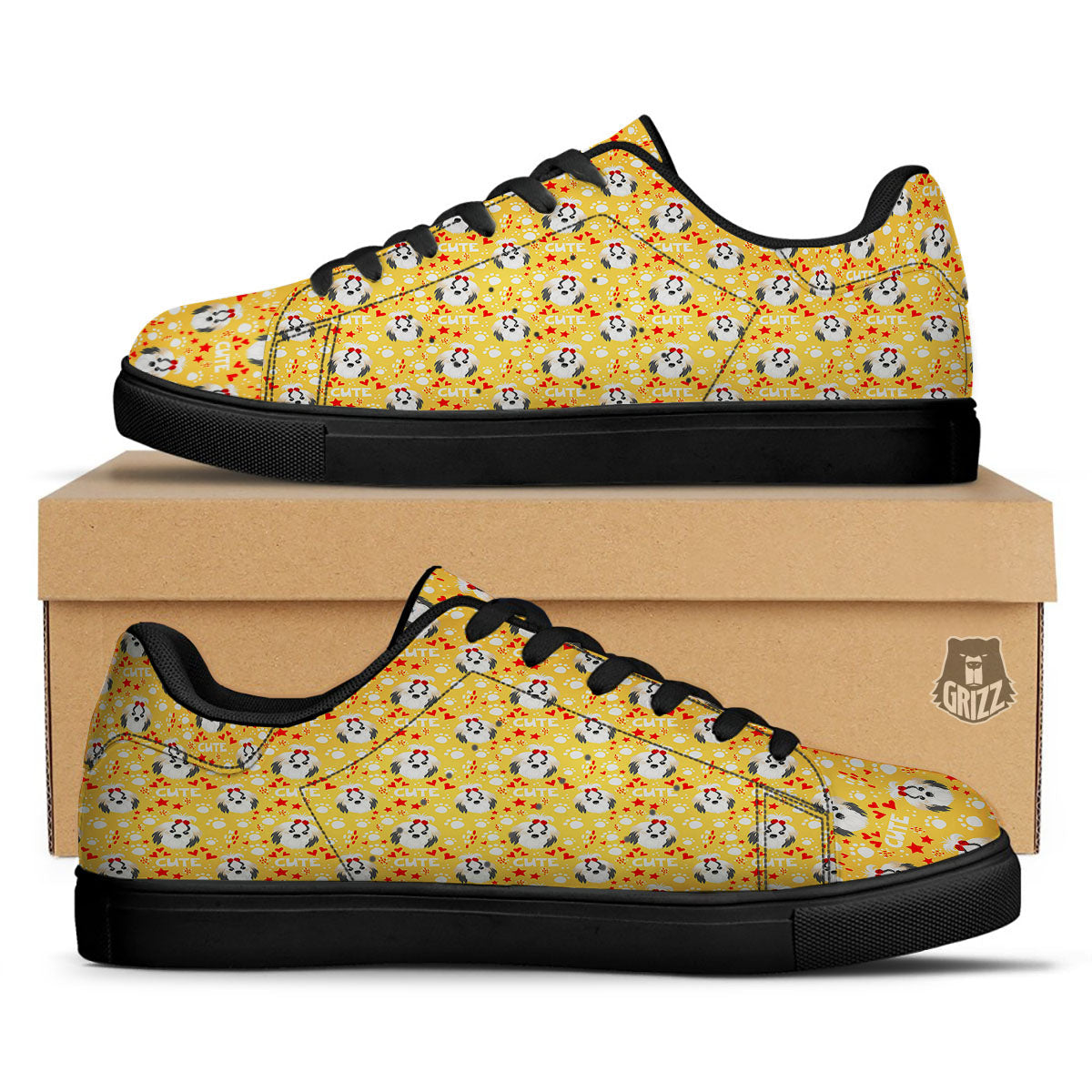 Shih Tzu Cartoon Print Pattern Black Low Top Sneakers-grizzshop