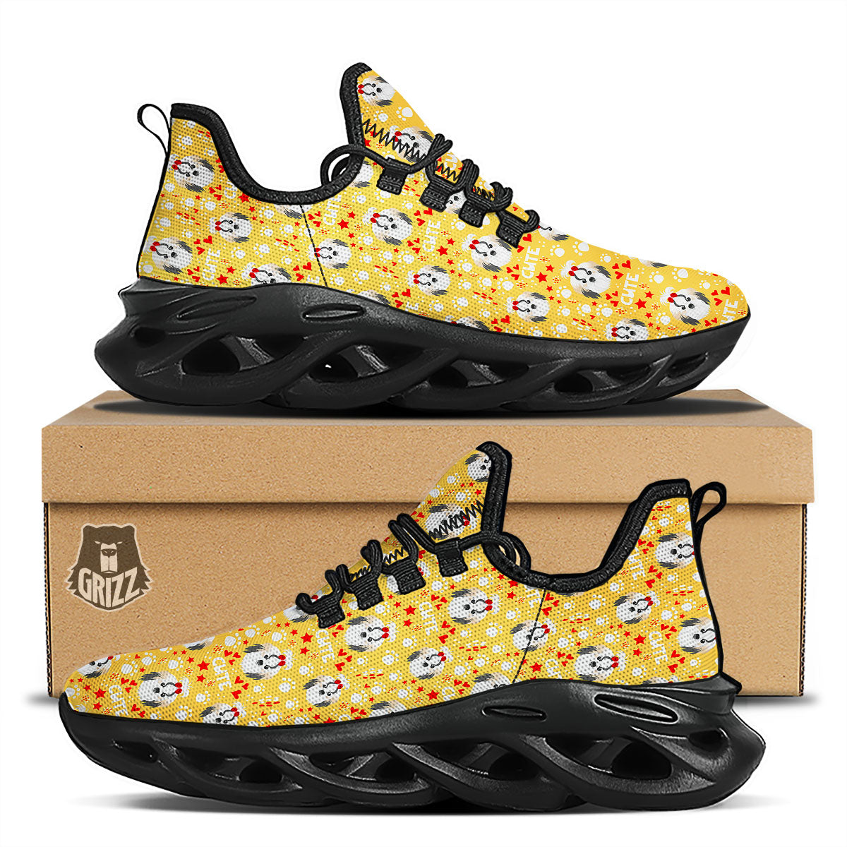 Shih Tzu Cartoon Print Pattern Black Running Shoes-grizzshop