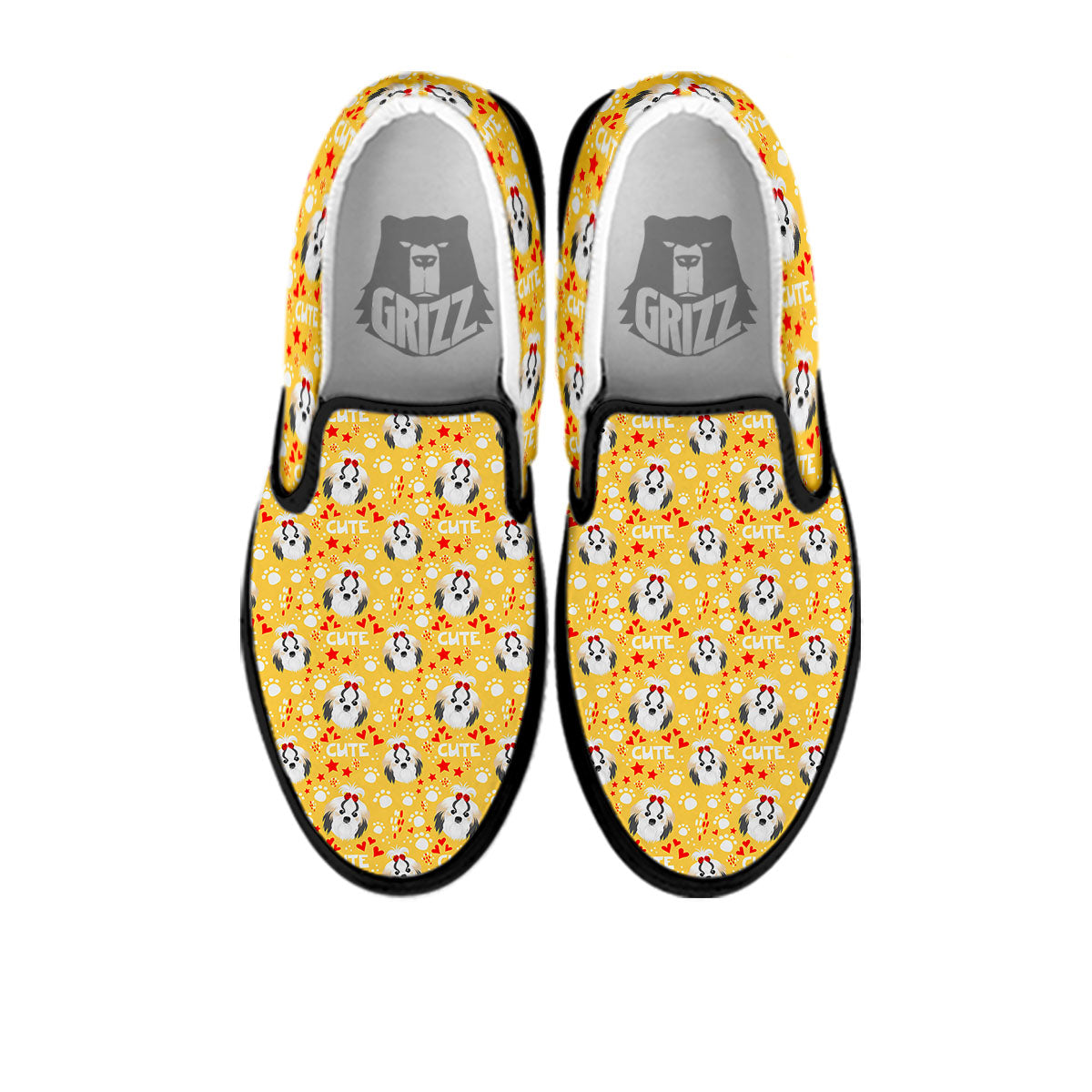 Shih Tzu Cartoon Print Pattern Black Slip On Shoes-grizzshop