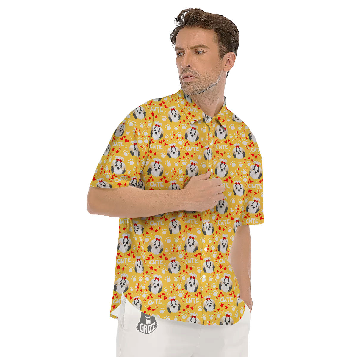 Shih Tzu Cartoon Print Pattern Men's Short Sleeve Shirts-grizzshop