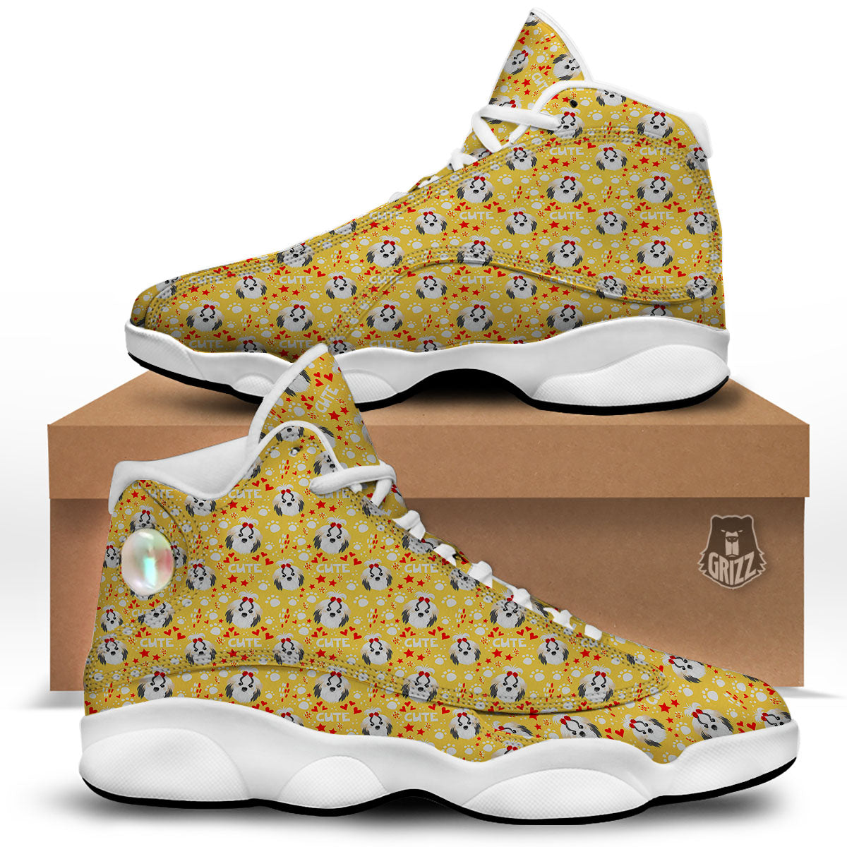 Shih Tzu Cartoon Print Pattern White Basketball Shoes-grizzshop