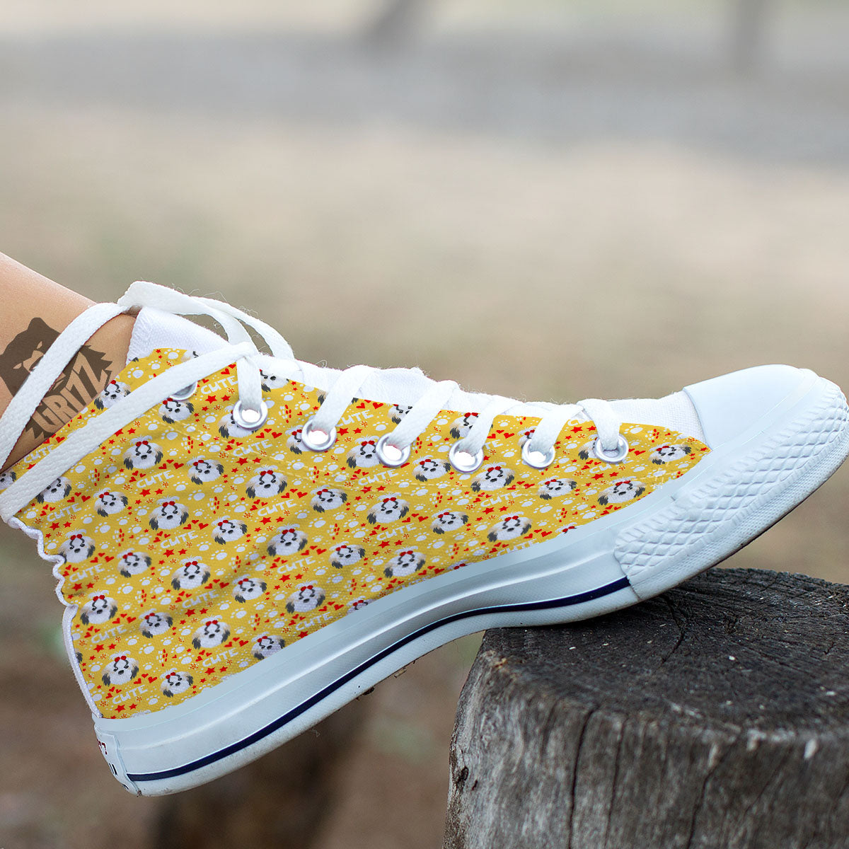 Shih Tzu Cartoon Print Pattern White High Top Shoes-grizzshop