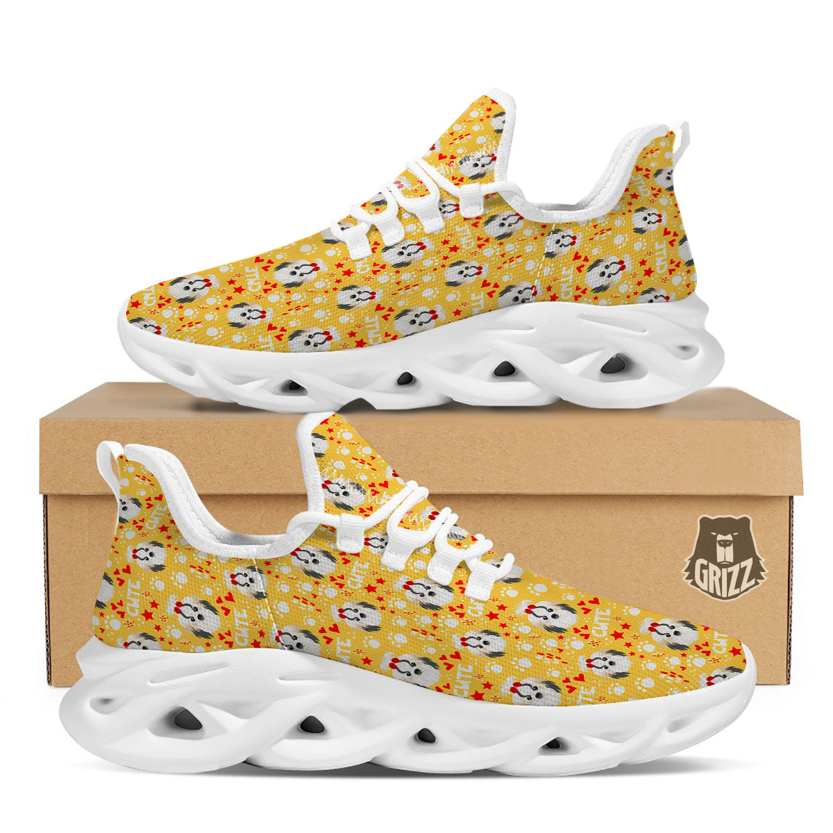 Shih Tzu Cartoon Print Pattern White Running Shoes-grizzshop
