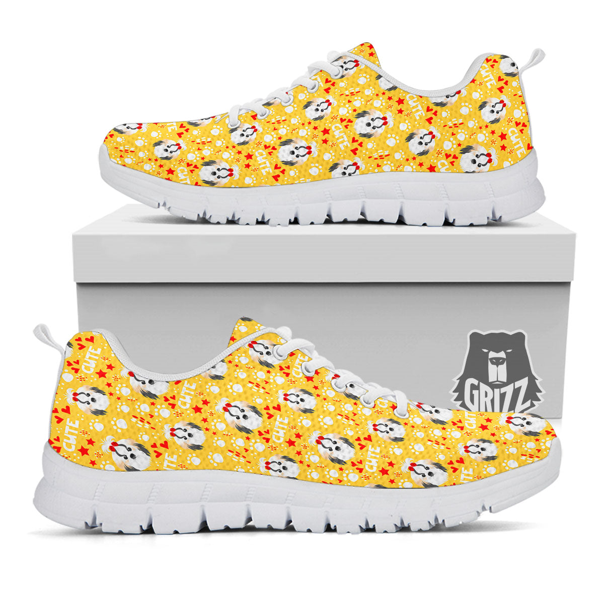 Shih Tzu Cartoon Print Pattern White Sneaker-grizzshop