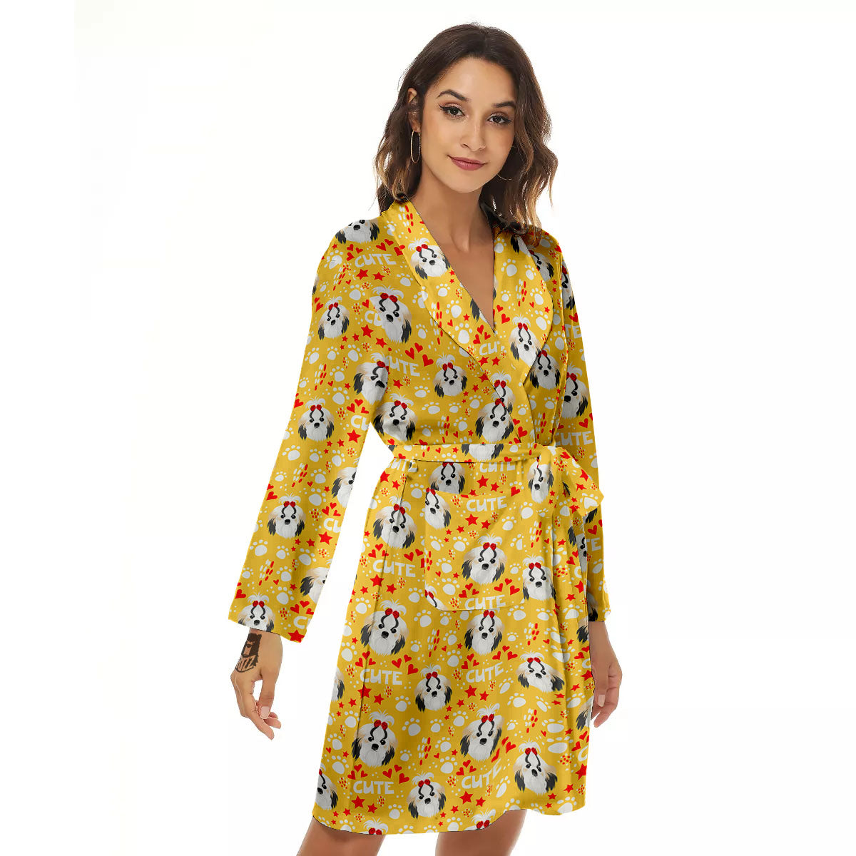 Shih Tzu Cartoon Print Pattern Women's Robe-grizzshop
