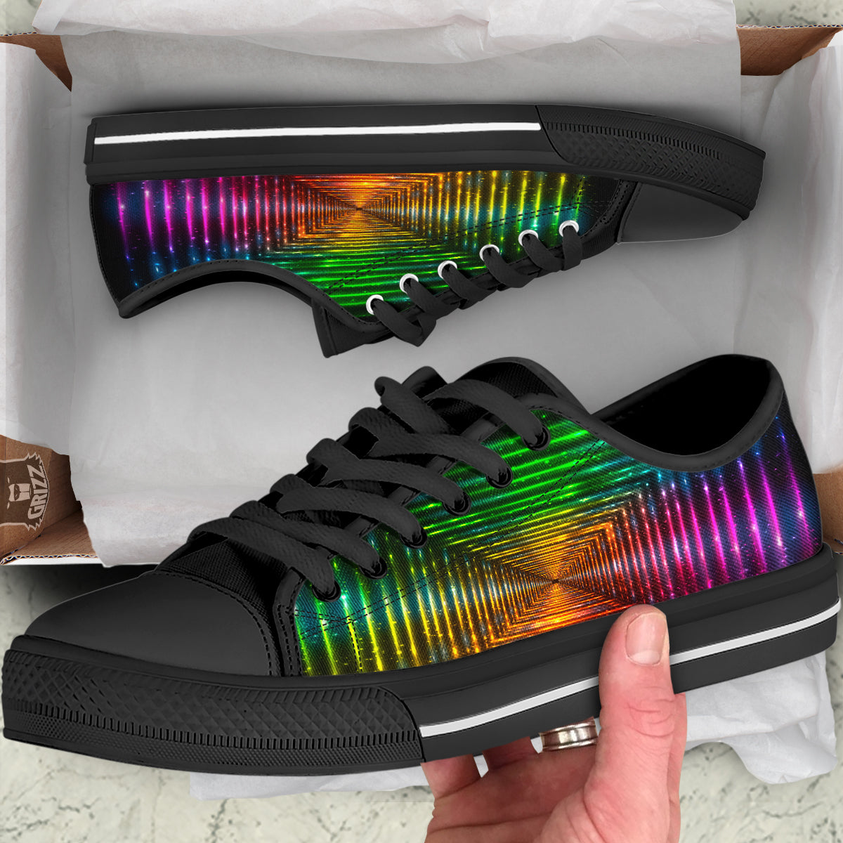 Shining Lights Rainbow Colors Neon Print Black Low Top Shoes-grizzshop