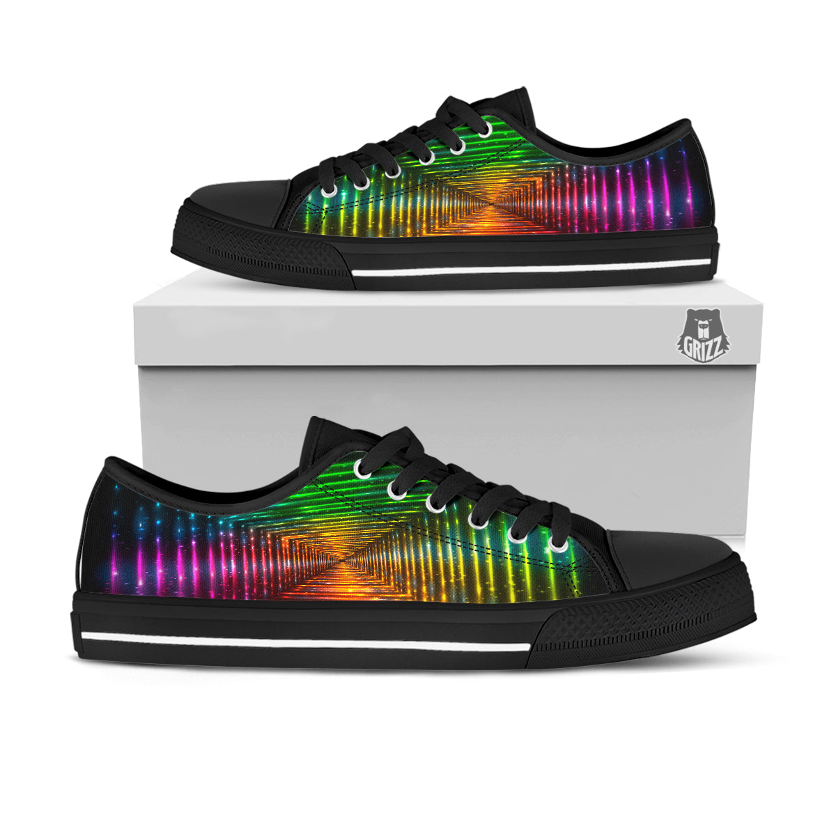 Shining Lights Rainbow Colors Neon Print Black Low Top Shoes-grizzshop