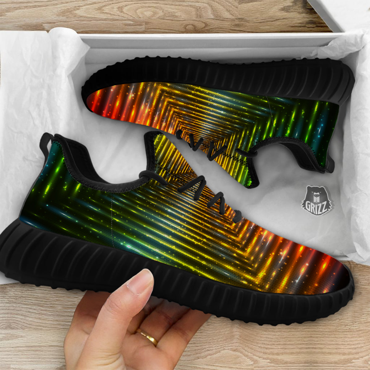 Shining Lights Rainbow Colors Neon Print Black Walking Shoes-grizzshop