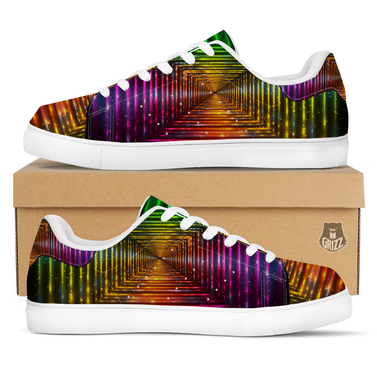 Shining Lights Rainbow Colors Neon Print White Low Top Sneakers-grizzshop