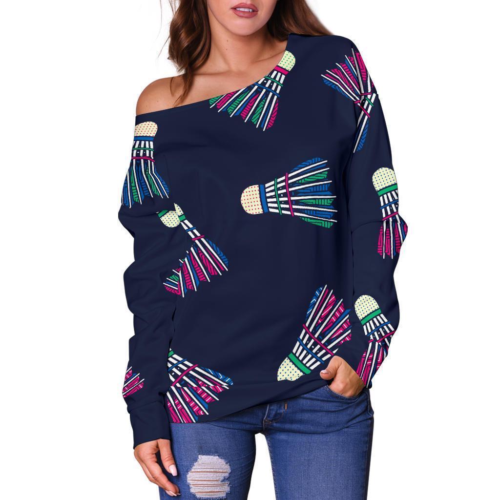 Shuttlecock Badminton Pattern Print Women Off Shoulder Sweatshirt-grizzshop