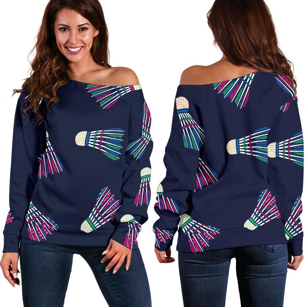 Shuttlecock Badminton Pattern Print Women Off Shoulder Sweatshirt-grizzshop
