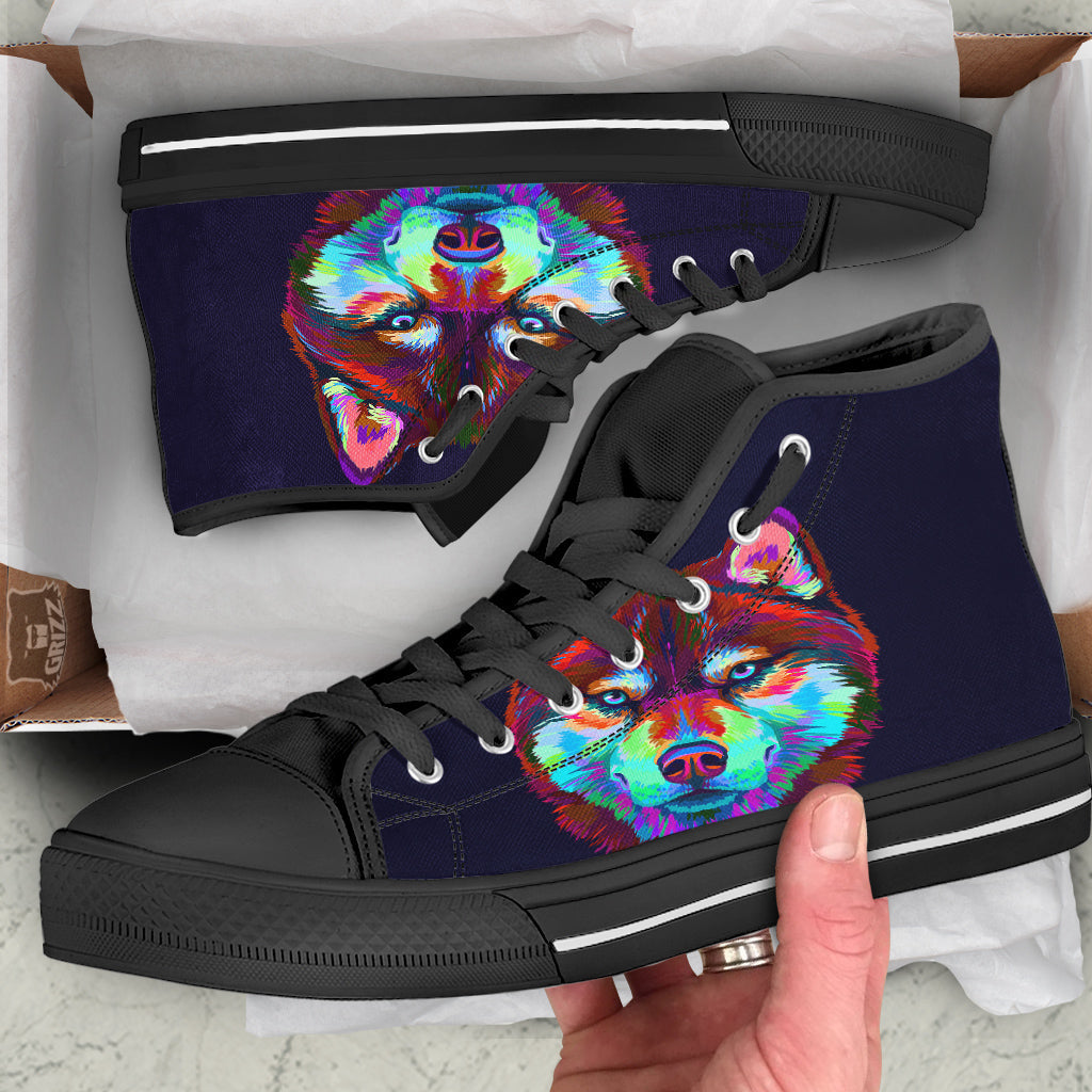 Siberian Husky Colorful Print Black High Top Shoes-grizzshop