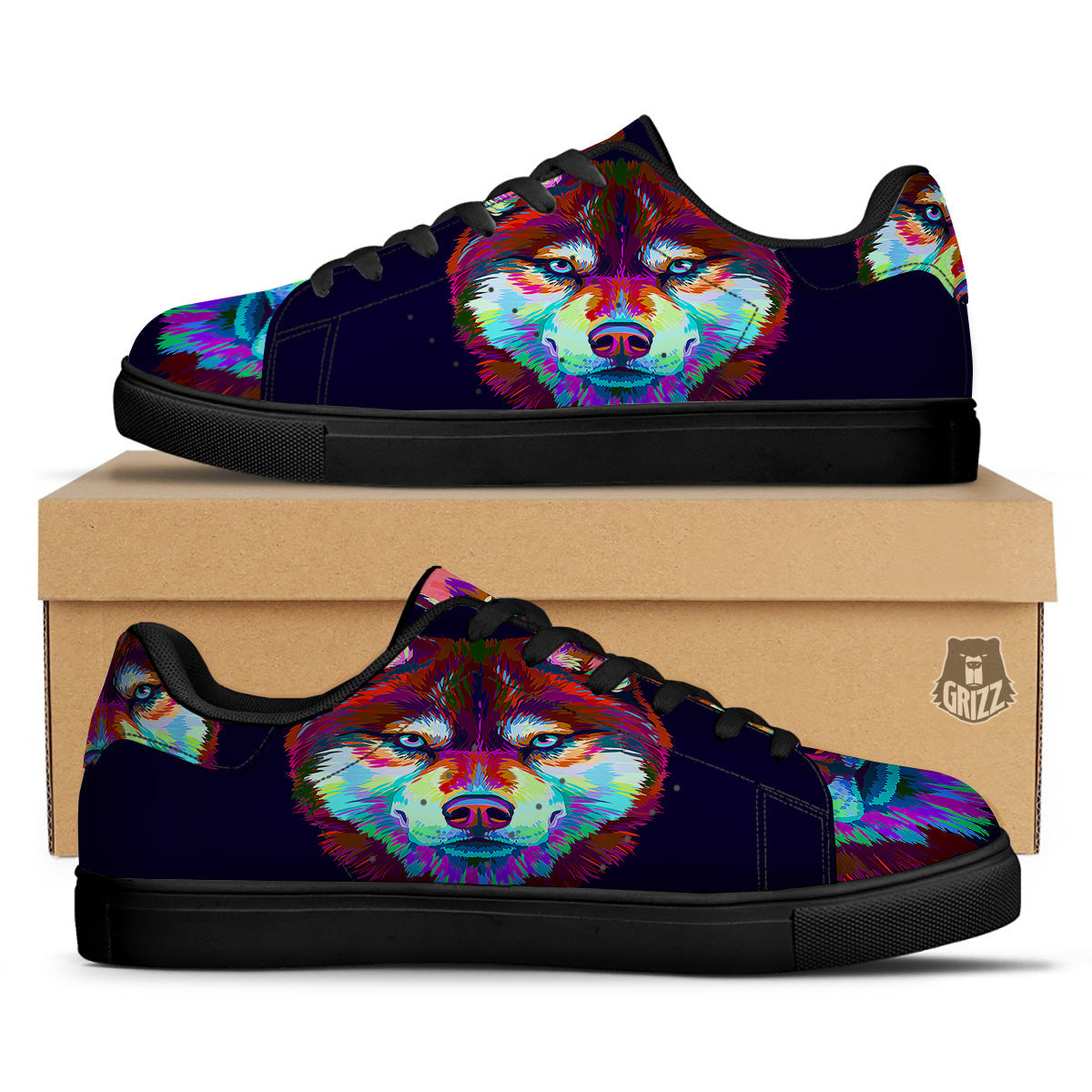 Siberian Husky Colorful Print Black Low Top Sneakers-grizzshop