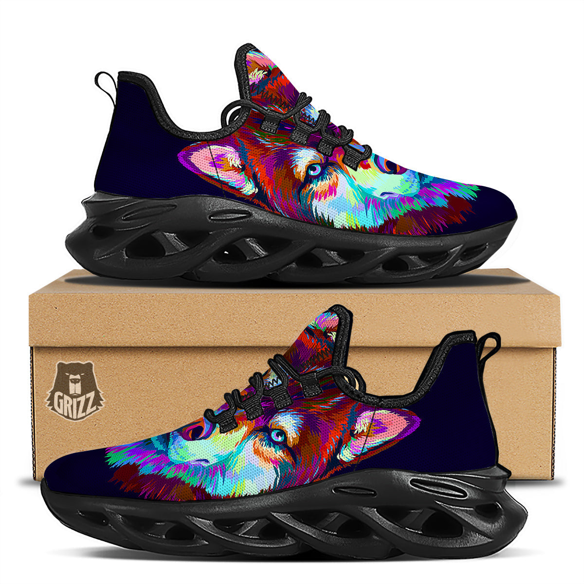 Siberian Husky Colorful Print Black Running Shoes-grizzshop