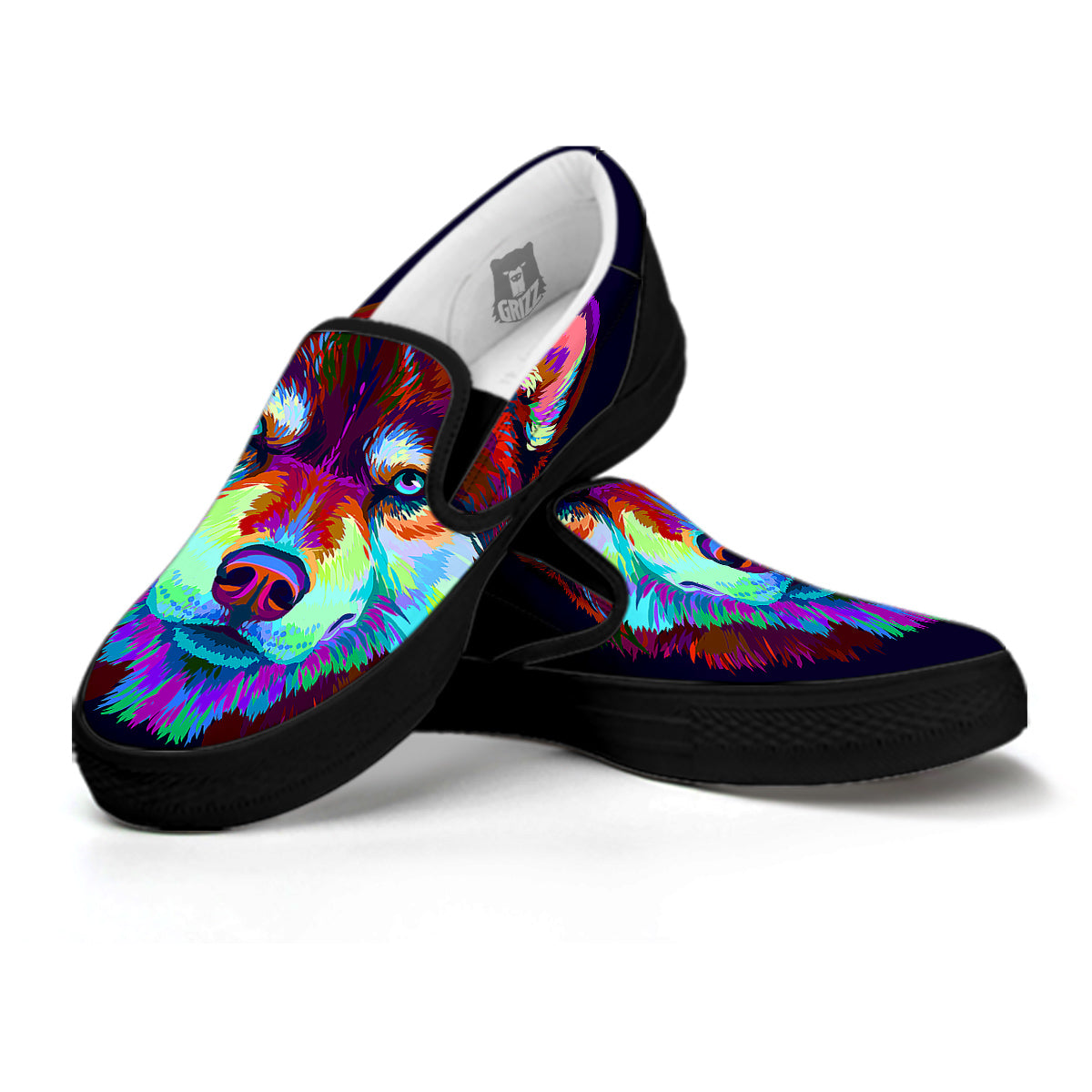 Siberian Husky Colorful Print Black Slip On Shoes-grizzshop